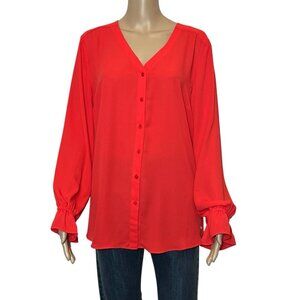 T TAHARI Women Button up Long Sleeve Blouse XL Red V Neck Shirred Cuff Christmas